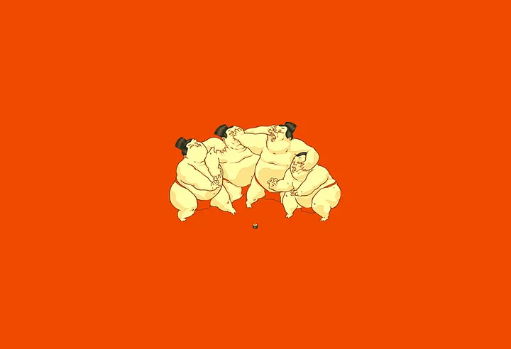 Ilustração com 4 lutadores de sumô lutando e ao centro um suhi